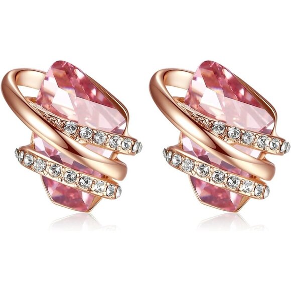 Women's Pink Leafael Wish Charm Birthstone Crystal Stud Earrings Jewellery - Picture 1 of 7